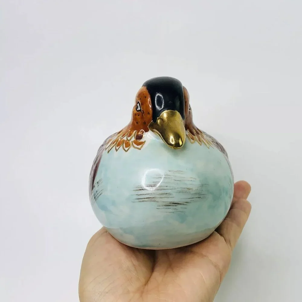 Vintage Bird Figurine Japanese Kutani Mandarin Duck Painted Gilded Signed Stamp - Picture 6 of 9